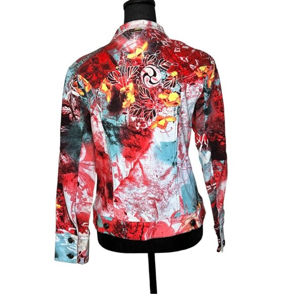 St. John Sport Marie Gray Button Up Abstract Colorful Print Moto Jacket XS - Picture 5 of 9